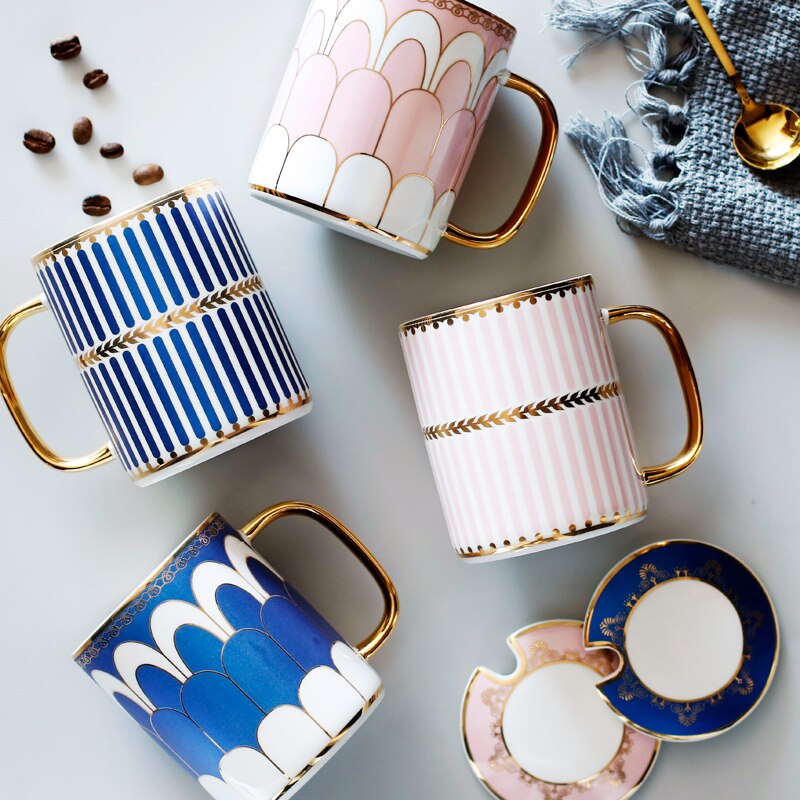 8 models Europe coffee mug Geometric Gold Line China Bone Milk Tea Cup Cover spoon travel mug Water cup 350ml