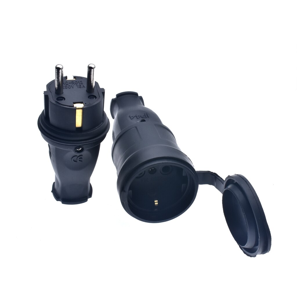 16A 250V EU Rubber Waterproof Socket Plug Electrial Grounded European Connector With Cover IP44 For DIY Power Cable Cord: plug and soket