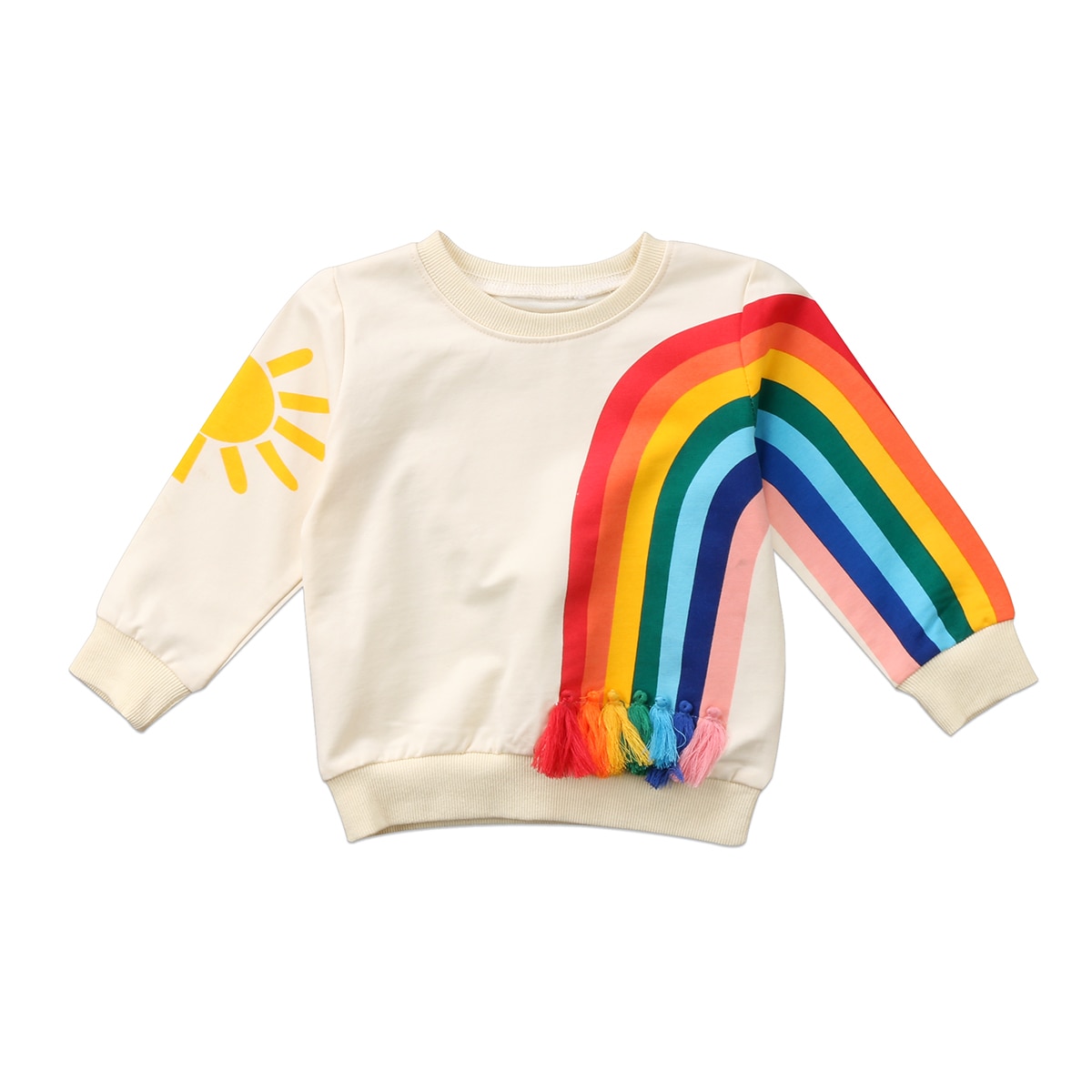 Nette Baby zur Seite fahren Mit Fransen Regenbogen Sonne Sweatshirt Baby Mädchen freundlicher Regenbogen Sonnenschein T-Shirt Kleidung Bluse Sweatshirt Strickjacke