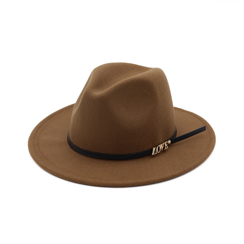 Men Wool Fedora Hat Wide Brim Women Faux Woolen Ladies Fedora LOVE Logo Jazz Hat Belt Caps Bowler Felt Hats Autumn Winter