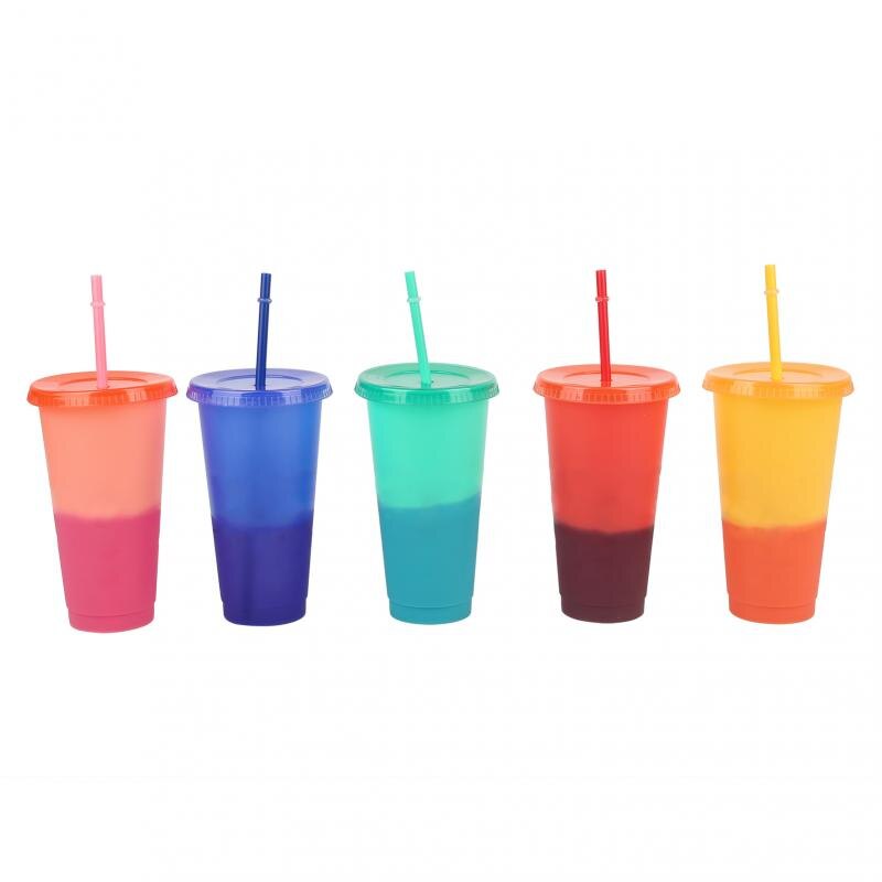 Large 710ml Straw Tumblers Cold Drinks Color Changing Cup With Lid Coffee Mug Plastic Tumbler Summer Super Cool Portable Cups: 5PCS
