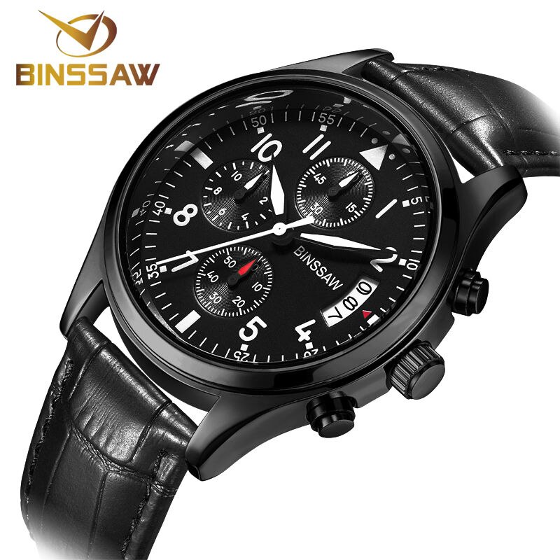 BINSSAW Mannen Luxe Quartz Horloge Roestvrij Staal Mode Lederen Waterdichte Lichtgevende Sport Horloges Relogio Masculino: BS 10018C