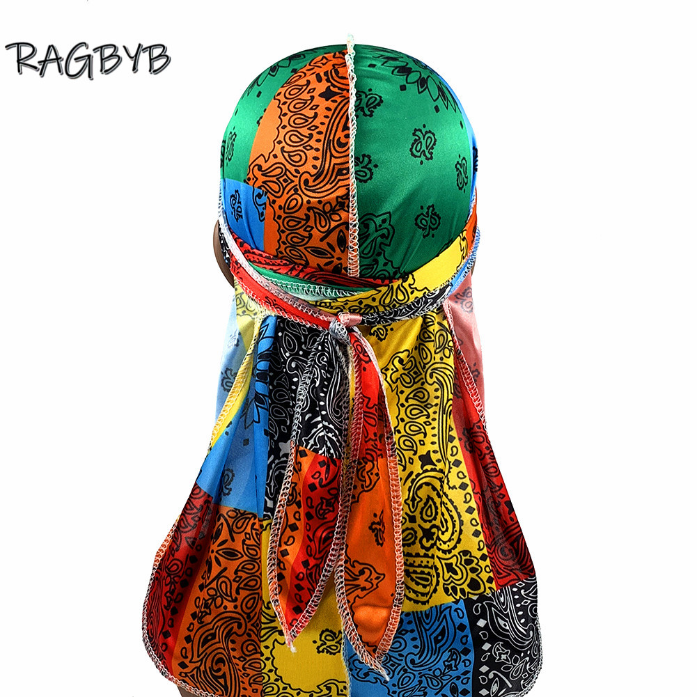 Men Silk Durag Paisley Printing Silky Durags Bandanas for Men Long Straps Headwear Head Scarf Wave Cap Headwrap Durags