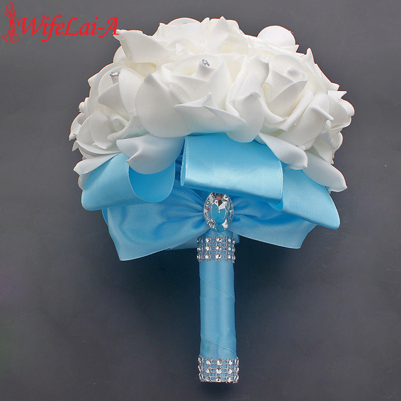 Tanie Prom Baby Blue broszka z kwiatem bukiet ślubny De Mariage bukiety ślubne PE róża diamentowa wstążka bukiet W2017D