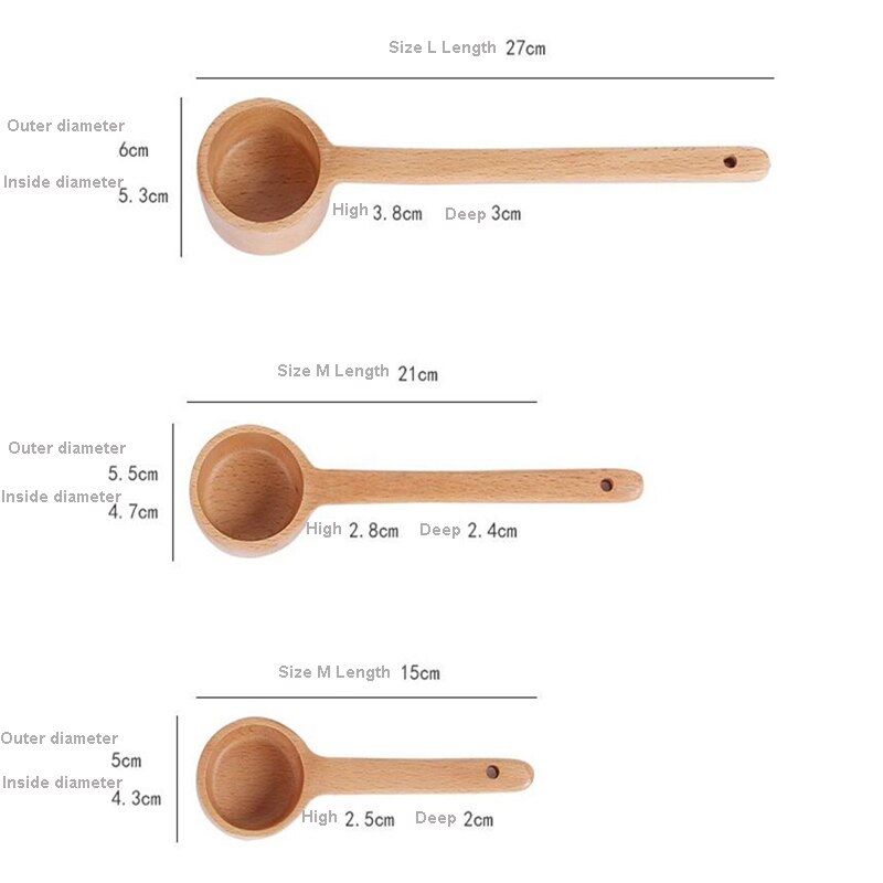 Cuchara medidora de madera Natural con mango largo cuchara de café de madera cuchara de sopa de cocina cuchara para restaurante doméstico 3 tamaños