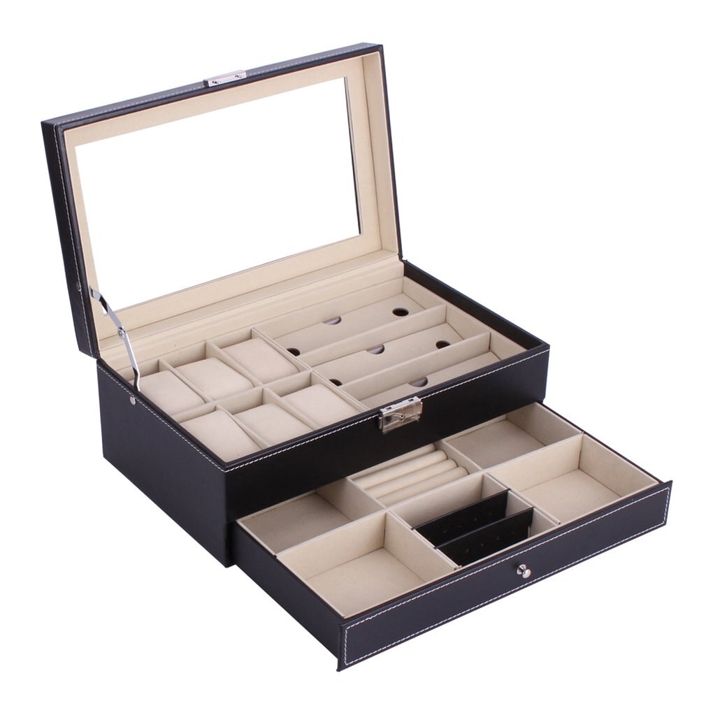 Multifunctional Double Layers Wooden Jewelry Watch Storage Box Sunglasses Watch Display Slot Case Box Container