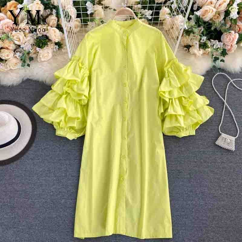 YuooMuoo-vestido verde con volantes de manga larga para otoño, Vestido camisero con una hilera de botones para mujer: YELLOW