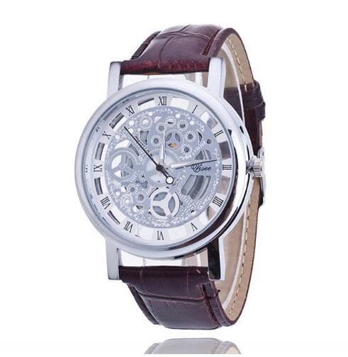 TIke Toker, Business Skeleton Horloge Mannen Gravure Holle Reloj Hombre Jurk Quartz Horloge Lederen Band Vrouwen Klok Relojes: Silver with Brown