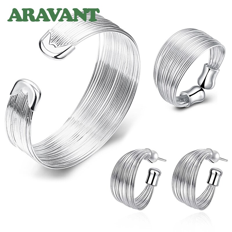 Nouvelle 925 bijoux en argent ensembles Simple Multi ligne ouvert bracelet anneaux boucle d'oreille ajustement pour les femmes bijoux de mariage