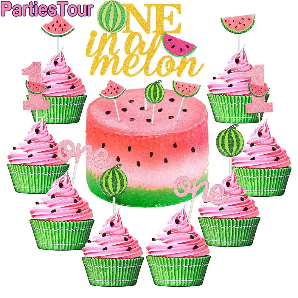 One in a Melon Cake Topper Glitter Watermelon Cupcake Topper 1st Birthday Party Cake Decor Watermelon Themed Kids Party Supplies