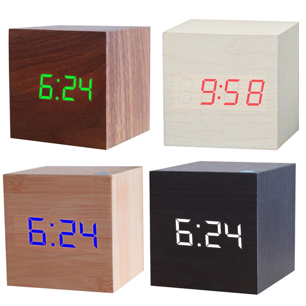 Houten Vierkante Hd Digitale Display Elektronische Led Usb Desk Wekker Tafel Intelligente Voice Control School Slaapkamer Decoratie