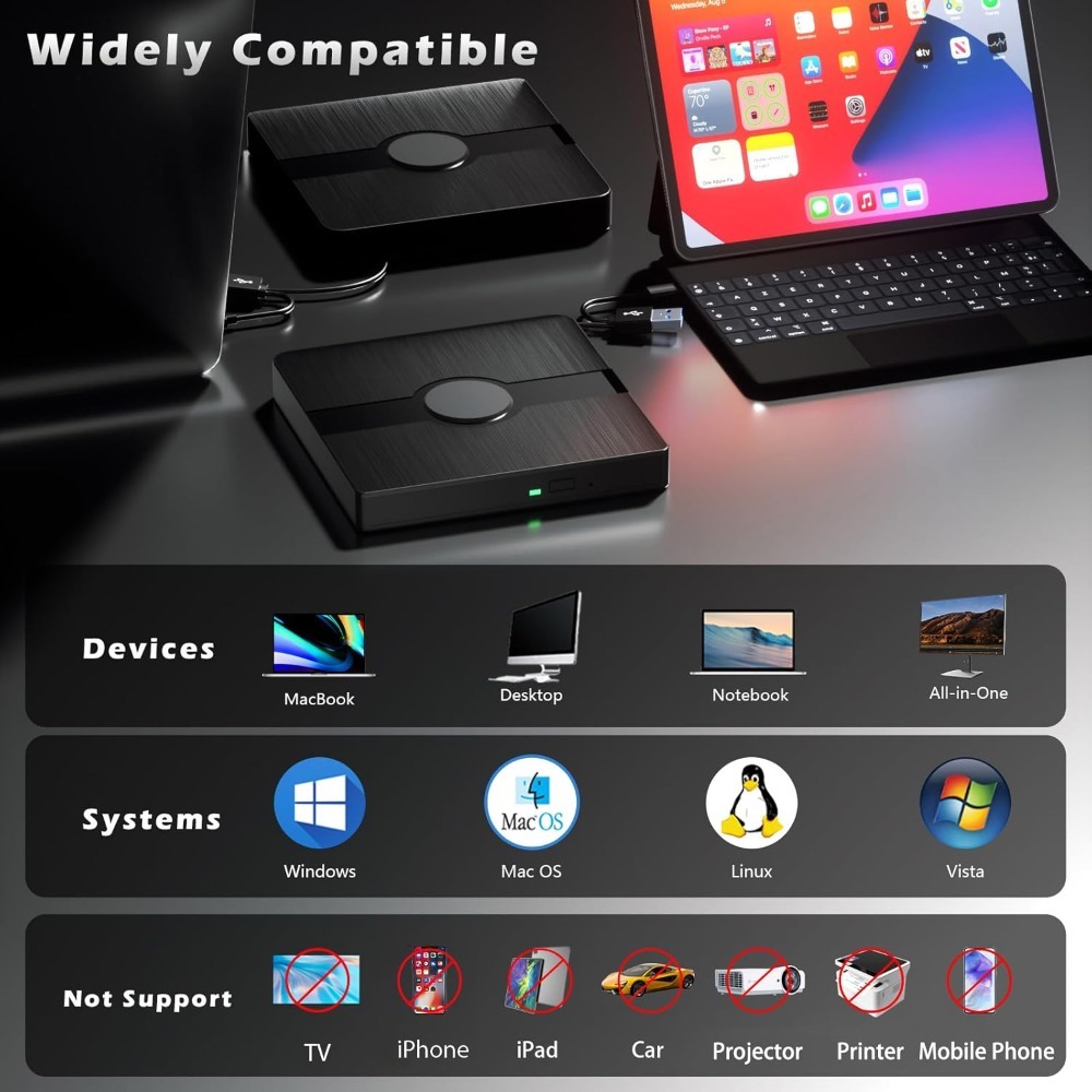 External 3D Blu Ray Drive Portable Blu ray Player 2 in 1 USB 3.0 CD DVD Read/Write Bruner Compatible with Win11/10/8/7, Mac OS