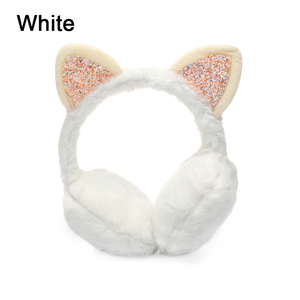 Kvinder vinter varme ørebeskyttere til piger søde kat øreopvarmere udendørs øreprop dejlige paillet ørepropper fluffy øreklap hovedbøjle: Hvid