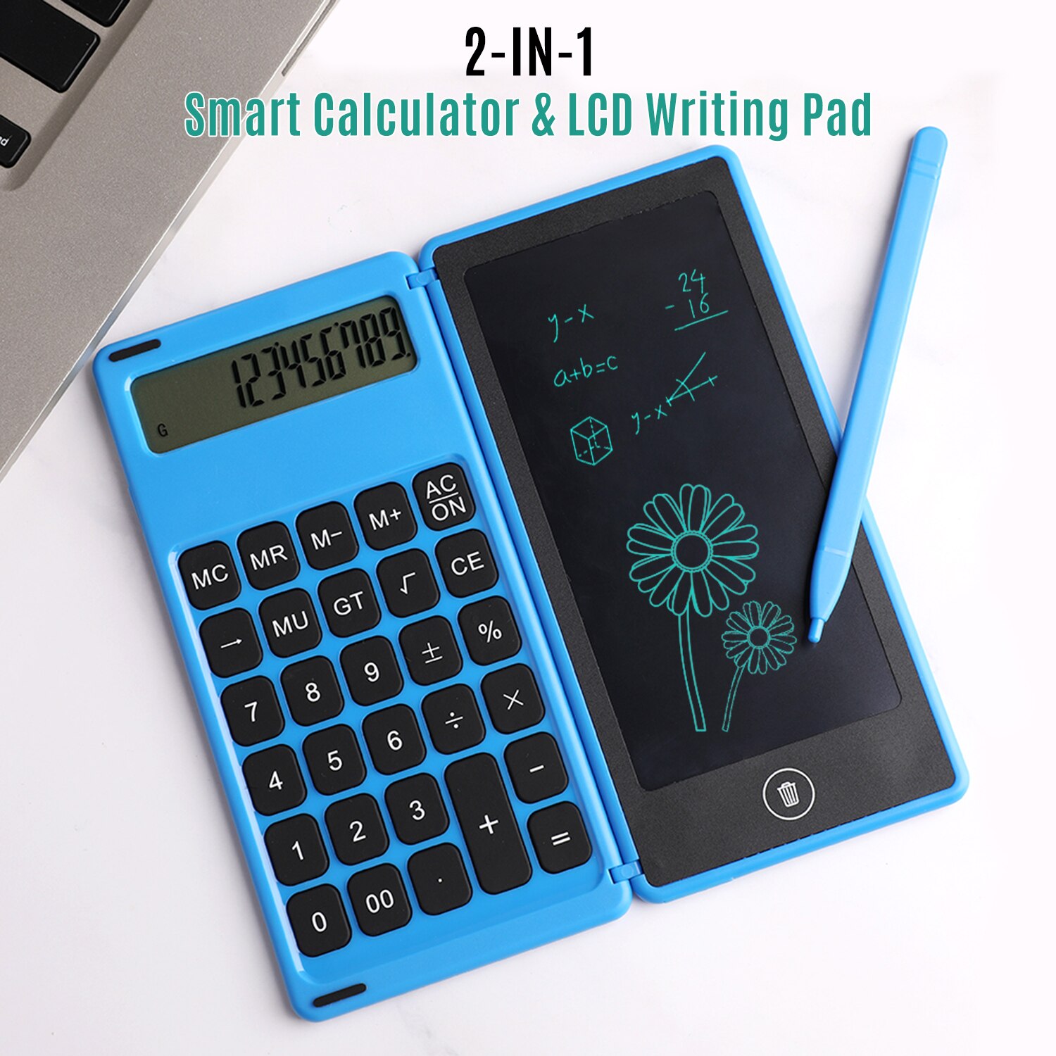 Foldable Calculator & 6 Inch LCD Writing Tablet Digital Drawing Pad 12 Digits Display with Stylus Pen Erase Button Lock Function