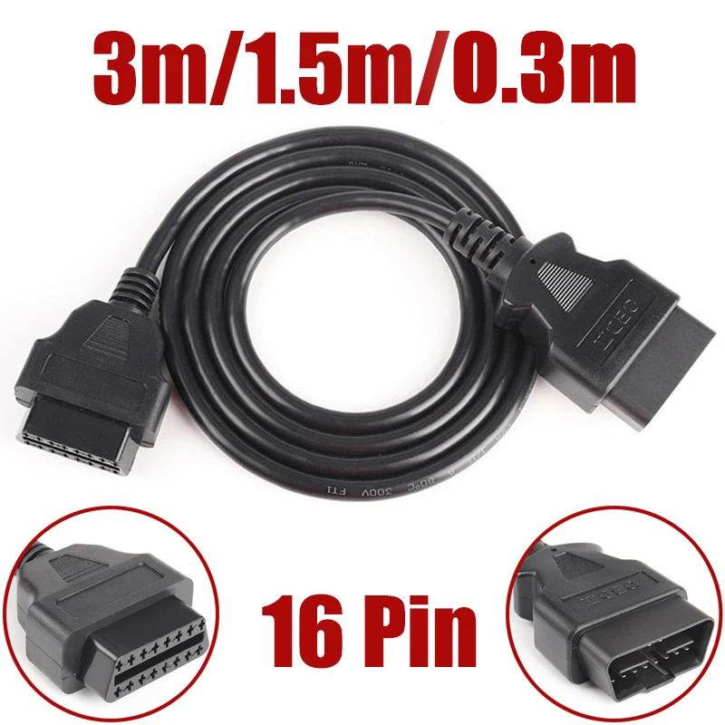 Cabo de extensão obd para carro, macho para fêmea, 16 núcleos, energizado, 16 pinos, obd2, elm327, ferramenta de diagnóstico, conector, adaptador de scanner, 3m, 1.5m