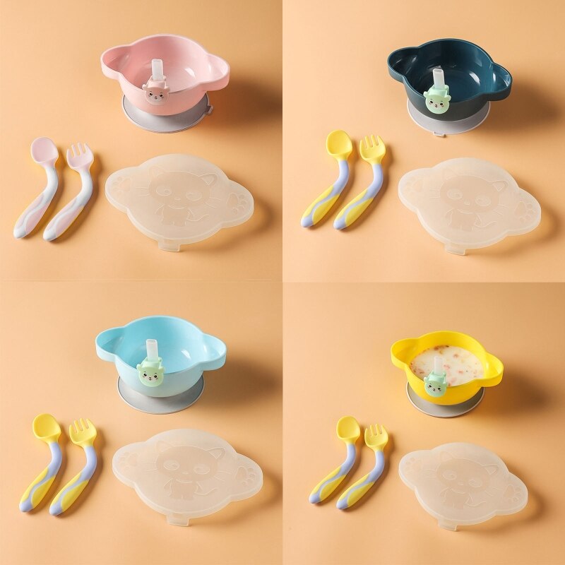 Assiette à dîner pour bébé, bol à ventouse avec cuillère à paille, ensemble de fourchettes, plats antidérapants à succion, formation, vaisselle d&#39;alimentation pour tout-petits
