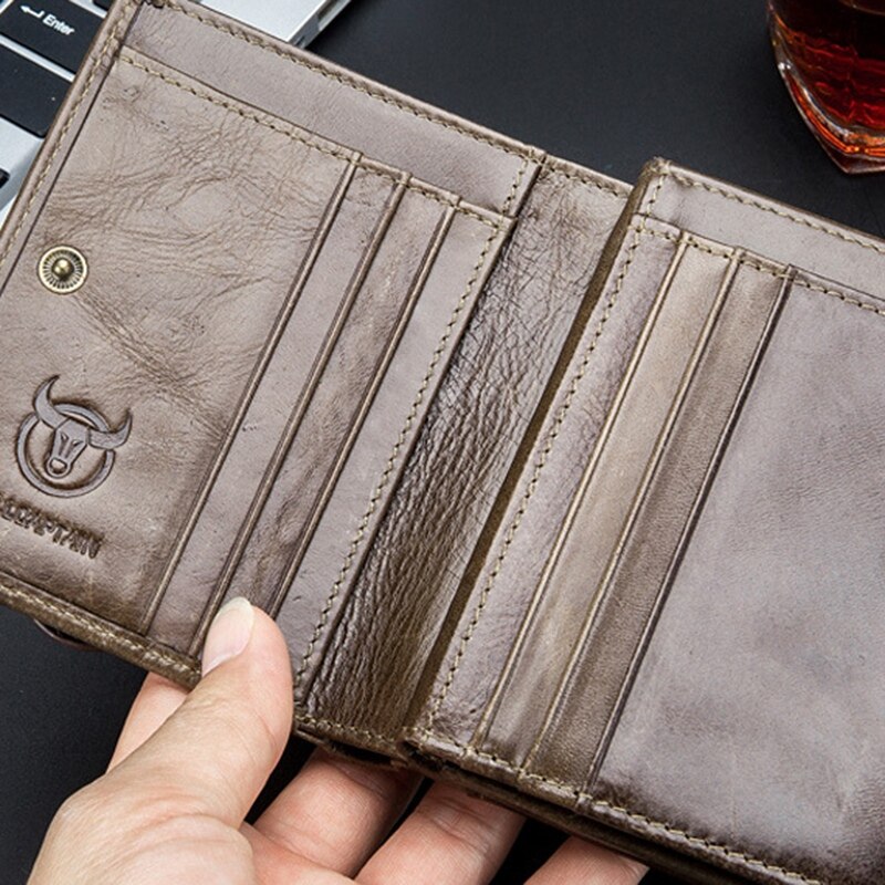 BULLCAPTAIN Men's Leather Wallet Leather Coin Purse RFID Anti-Theft Brush Leather Card Wallet