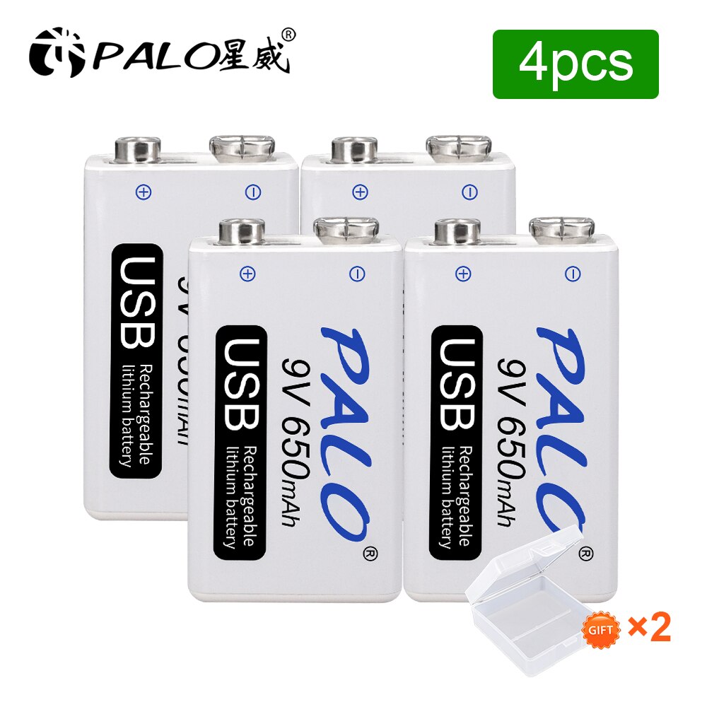 Palo 650Mah 9V Li-Ion Oplaadbare Batterij 9V Micro Usb 9V Lithium Batterijen Voor Draadloze Microfoon Gitaar speelgoed Metaaldetector: 4 pcs battery