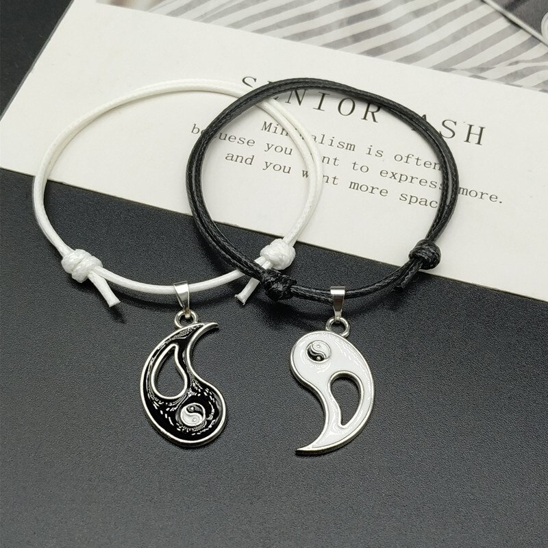 Bracelet Yin Yang de Style chinois pour hommes et femmes, 2 pièces, noir et blanc, corde ajustable, bijoux à la ,