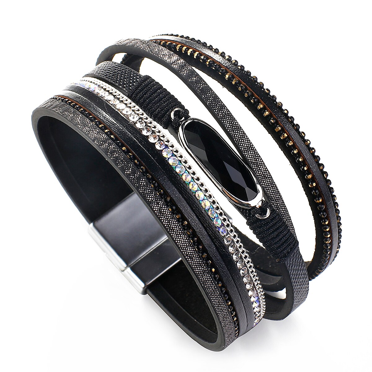 Amorcome Einfache Harz Charme Schwarz Weiß Leder Armbinde unisex Strass mehrschichtig wickeln Armbänder ErkläSprosse Schmuck: Schwarz