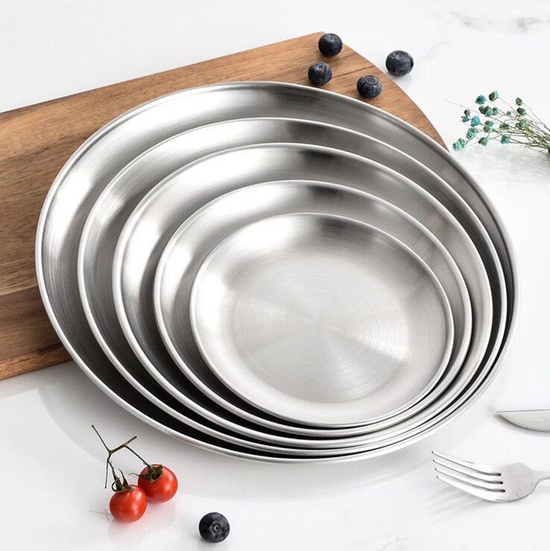 Stainless Steel Plate Discs Chic Food Storage Tray Round Frosted Dishes Nordic Simplicity Dessert Steak Kitchen Coffee Shop(1PC): 20cm / Silver