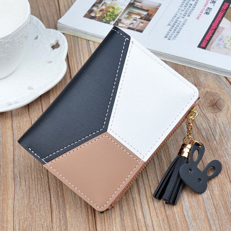 Cartera con cremallera a la para mujer, cartera con borla empalmada, versátil, de cuero PU, tarjetero, billetera encantadora pequeña informal para mujer: Black