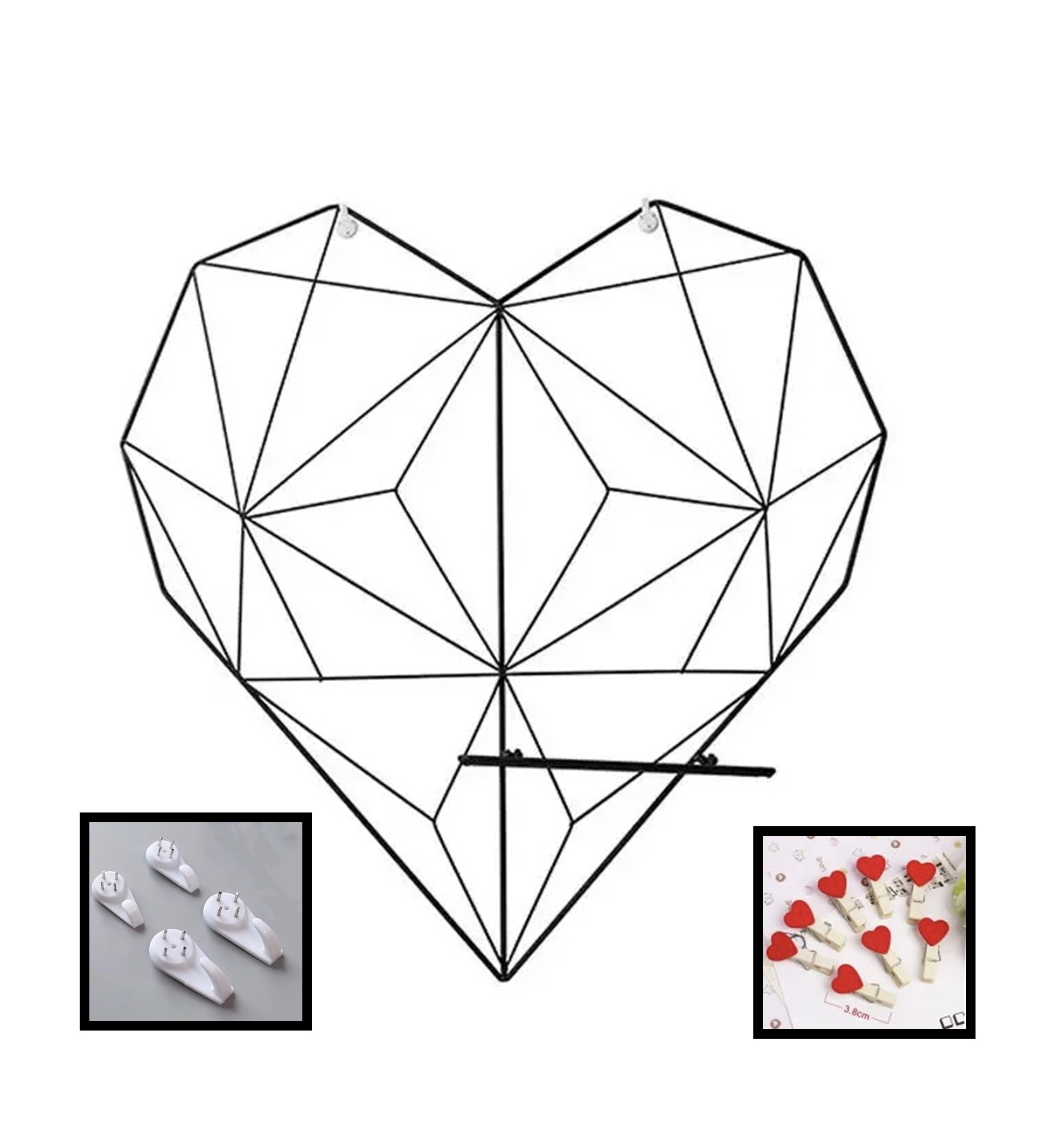 Corazón de Metal de amor rejilla de malla Panel Decoración habitación DIY Pared de fotos arte hierro Display con 10 Clips y 4 ganchos Multi organizador de fotos: Black