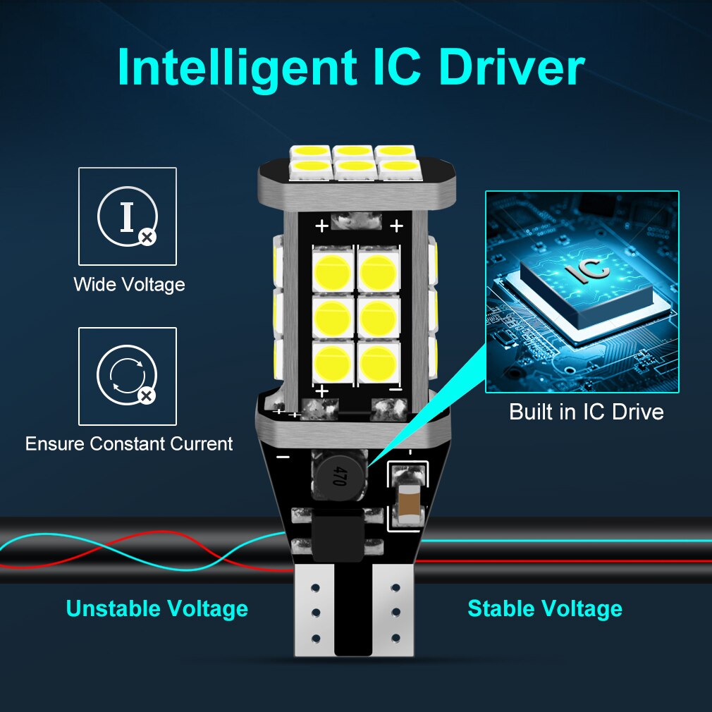 2Pcs T15 W16W LED Bulb 3030SMD Canbus 920 921 912 Lamp OBC 1400LM Car Reverse Lights Backup Stop 6000K White 12V