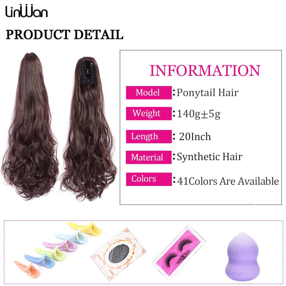 Extensiones de cabello de cola de caballo ondulada y rizada de 20 pulgadas, pinza sintética en postizos de cola de caballo para mujeres blancas, Color marrón, negro y rojo