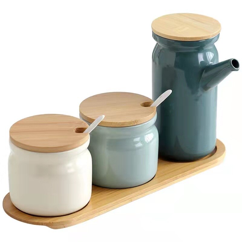 Ceramic Spice Rack Salt Shaker And Pepper Shaker Oil Bottle Set Kitchen Household Supplies For Spices Storage Jar With Cover