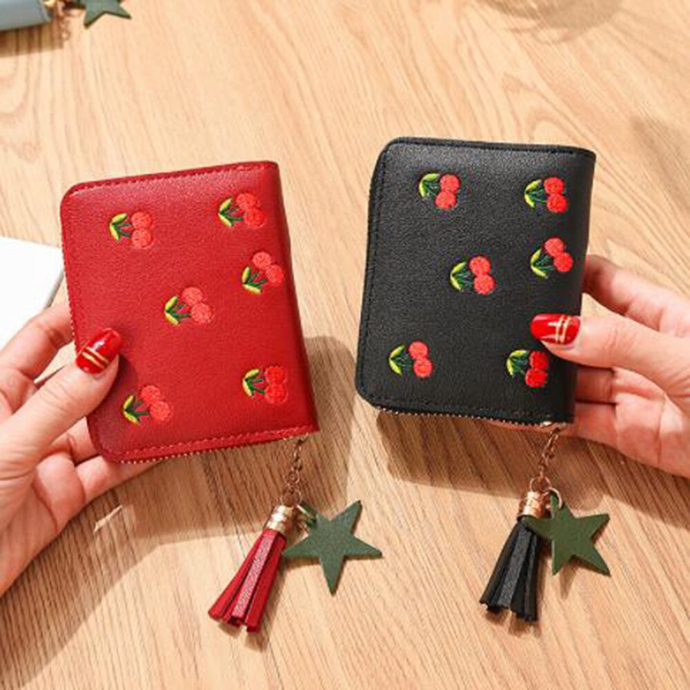 PU Cherry Embroidered Short Women Wallet Zipper Coin Purse Tassel Women Clutch Purses Cards Holder Coin Pocket