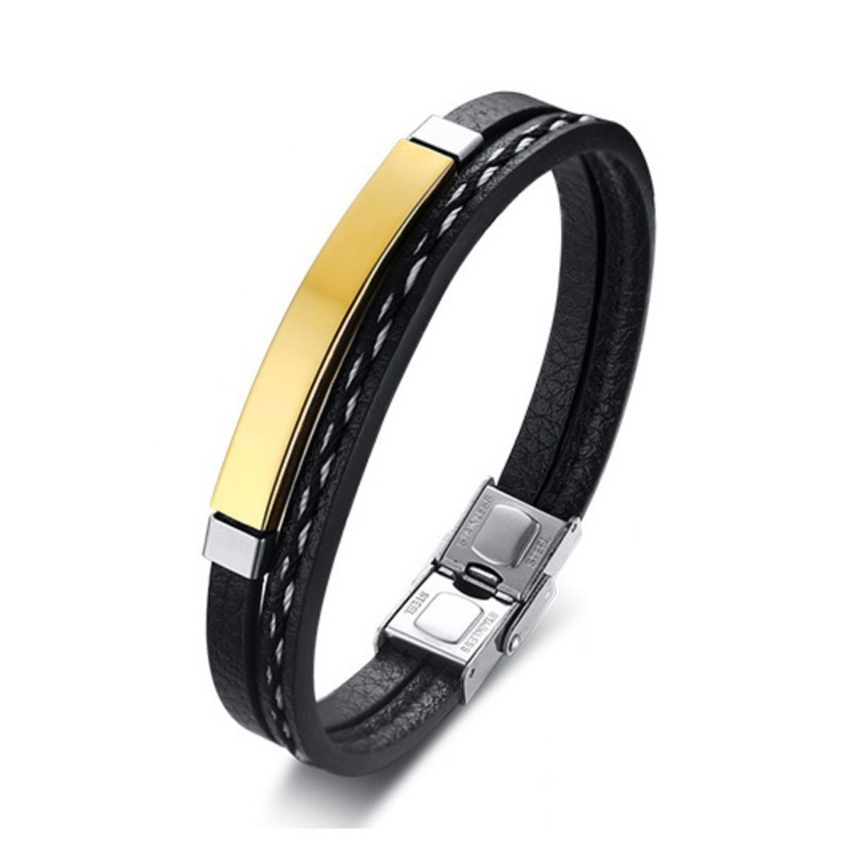 1 Men's Wish Stainless Steel Leather Bracelet With Curved Pu Leather Woven Bracelet For Travel Wear And Accessories-805091: Gold-color