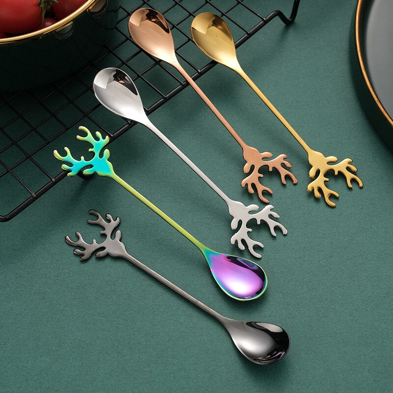 Deer Head Shape 304 Stainless Steel Stirring Spoon Romantic Christmas Elk Coffee Dessert Spoon Exquisite Tableware Party