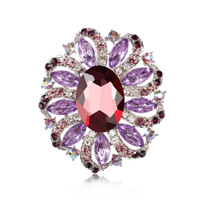 Fabriek Directe Verkoop Klassieke Kristallen Steentjes en Grote Ovale Acryl Bloem Broche Pins voor Vrouwen in Diverse Kleuren: purple silver