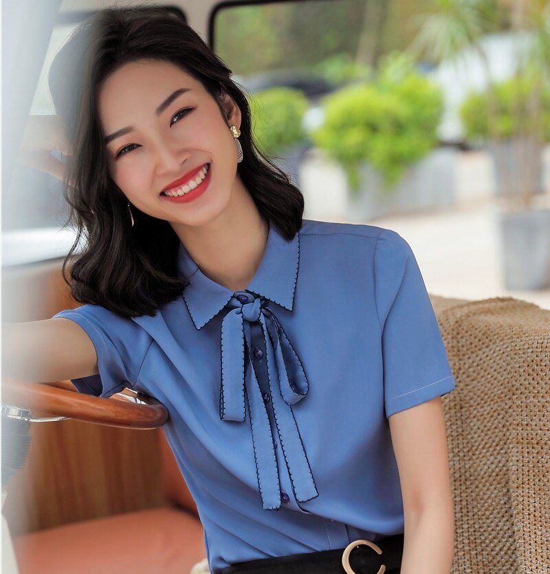 Wit Chiffon Blouses & Shirts Voor Vrouwen Business Werkkleding Zomer Korte Mouwen Vrouwelijke Tops Kleding Met Stropdas