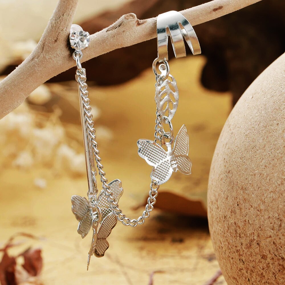 Hanging Butterfly Clip Earrings Ear Hook Rock Hoop Punk Double Pierced Unusual Earring Women Girls Goth Jewelry