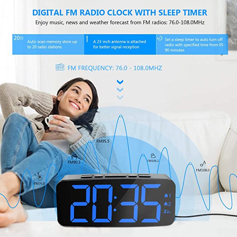 12/24 Hours Double Snooze Alarm Clock ,Big Number Blue Led Display Table Clock With EU Plug