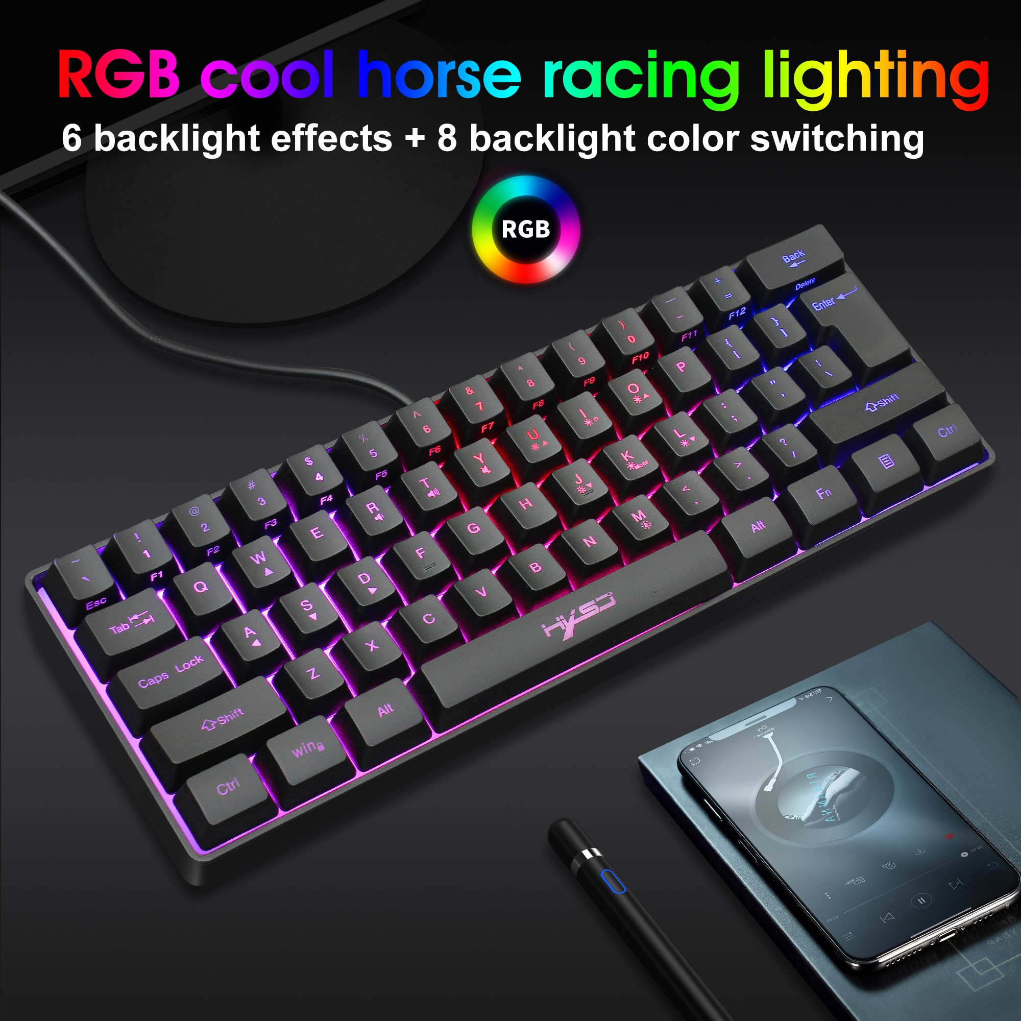 HXSJ Gaming Keyboard 61 Keys RGB Backlit 60% 60 Business Keyboard US Wired Wireless Bluetooth Mini Compact PC Gamer MAC PS4