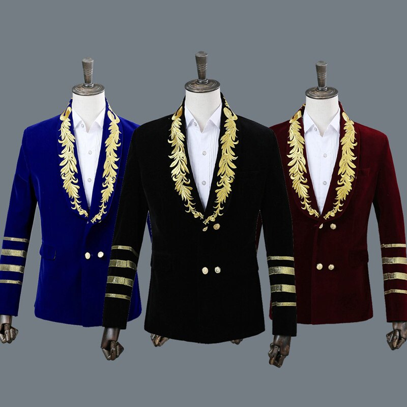 Plyesxale-Blazer con bordado para hombre, Blazer de terciopelo de ante, de , doble botonadura, azul real, Burdeos, negro, Q296