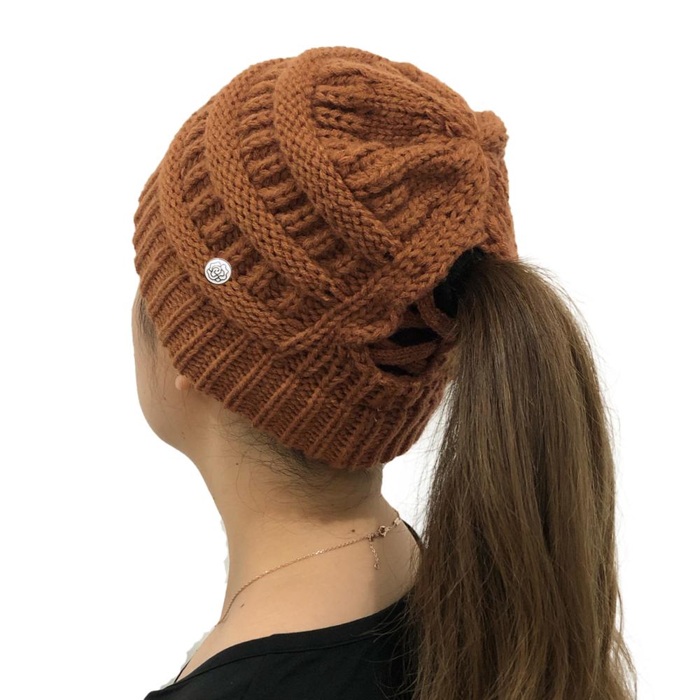 Cola de Caballo cruzada desmontable con botón para mascarilla, gorro de punto con apertura trasera, hilo de lana cálido, , producto