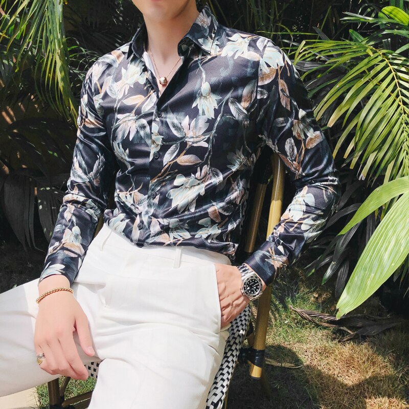 Märke streetwear hawaiisk skjorta herr långärmad slim fit herrskjortor camisa social masculina blommiga fritidsskjortor: Svart / Asiatisk storlek m