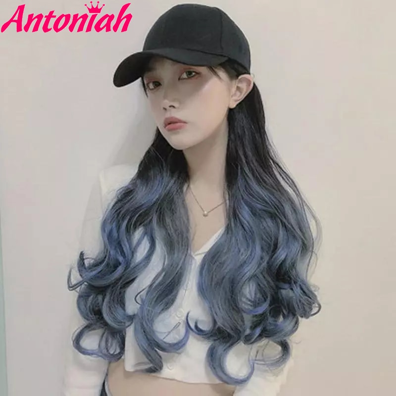 Antoniah Baseball Caps Pruik Met Haar Voor Meisje Party Verstelbare Golvend Haar Extensions Met Black Cap Haze Blauwe Pruik Synthetische haar