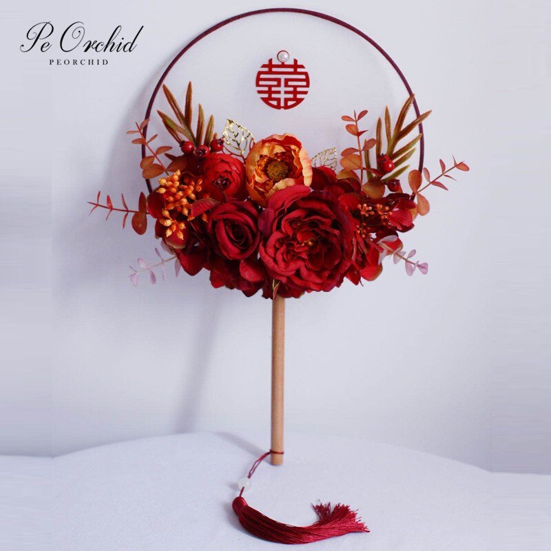 PEORCHID-ramos de novia clásicos de champán, flores artificiales chinas, Vintage Palace, redondos, abanico de mano, broche de ramo de bodas