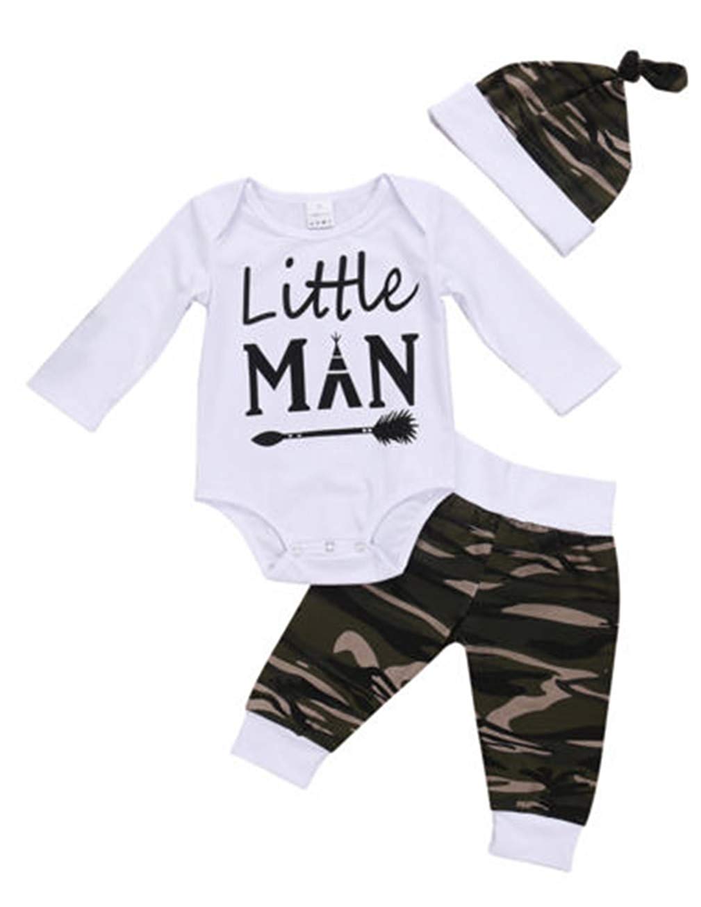 Nyfött spädbarn barn bebis pojke höstkläder camo toppar långärmade byxor hatt outfits set: Vit / 3m