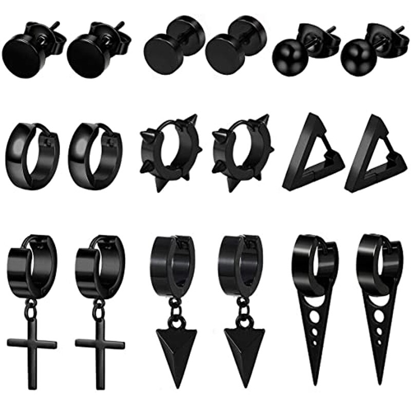 9 Pairs of Stainless Steel Stud Earrings Huggie Hoop Earrings Women&#39;s Men&#39;s Black Cross Punk Style Gothic Earring Set