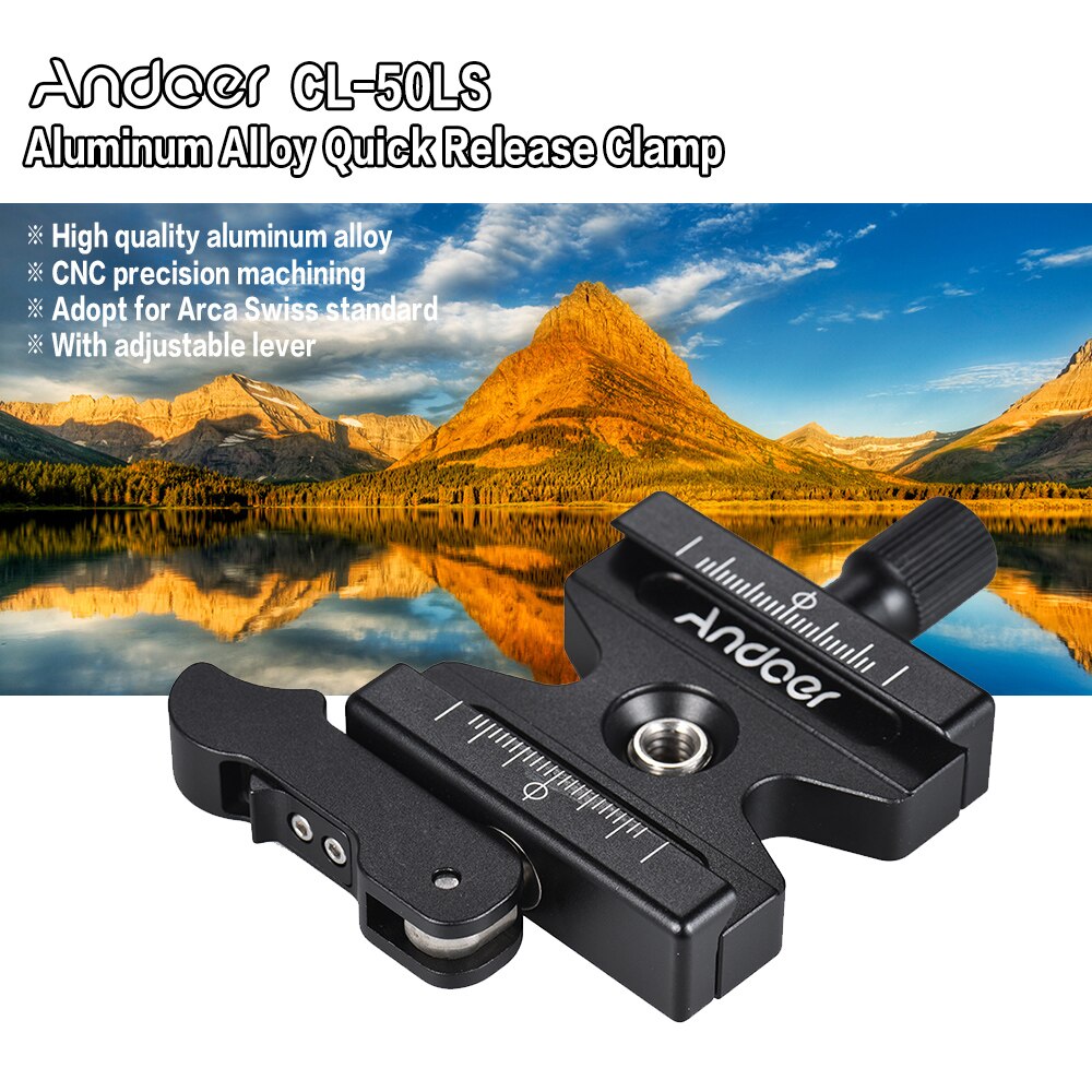 Andoer cl -50ls snabbkopplingsklämma justerbar spak knopp-typ 1/4 &quot;&amp; 3/8 &quot; hål för arca swiss quick release plate kulhuvudstativ