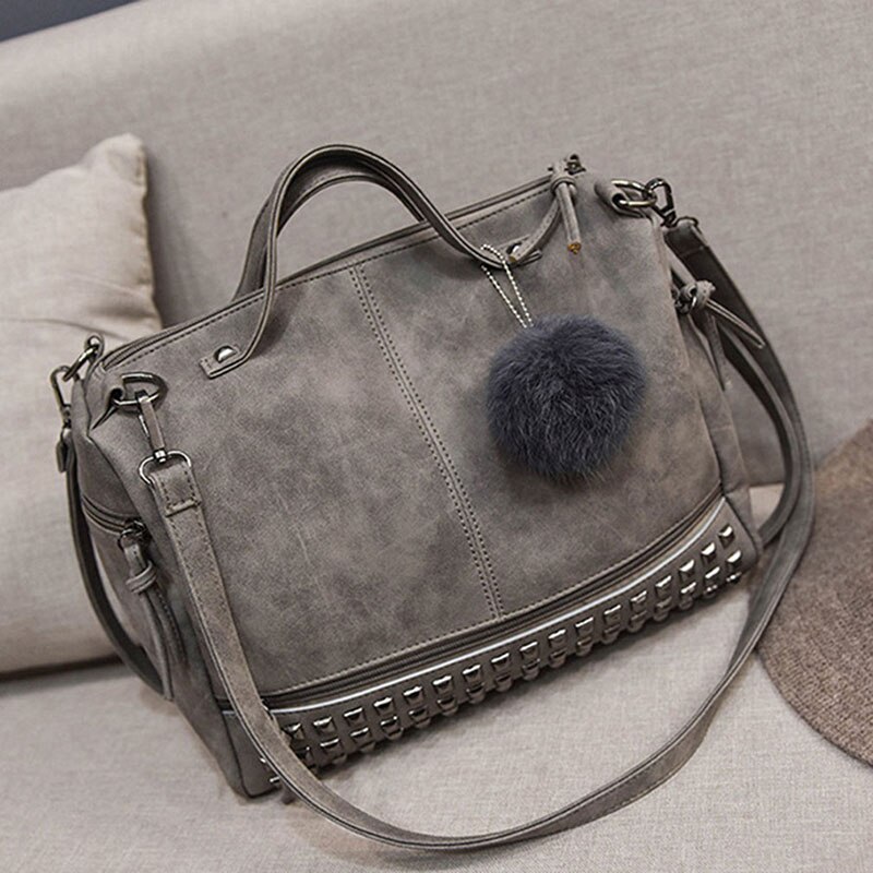 Women's Shoulder Bag - PU Leather Tote - Single Strap Crossbody - Zipper Closure - Casual & Shopping: Gray with fur ball