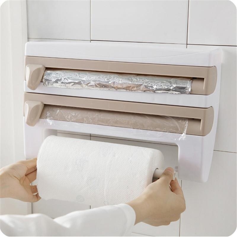 Plast køleskab klæbende film opbevaring opskæring rack wrap cutter tin folier papir håndklædeholder køkken hylde hænge holder