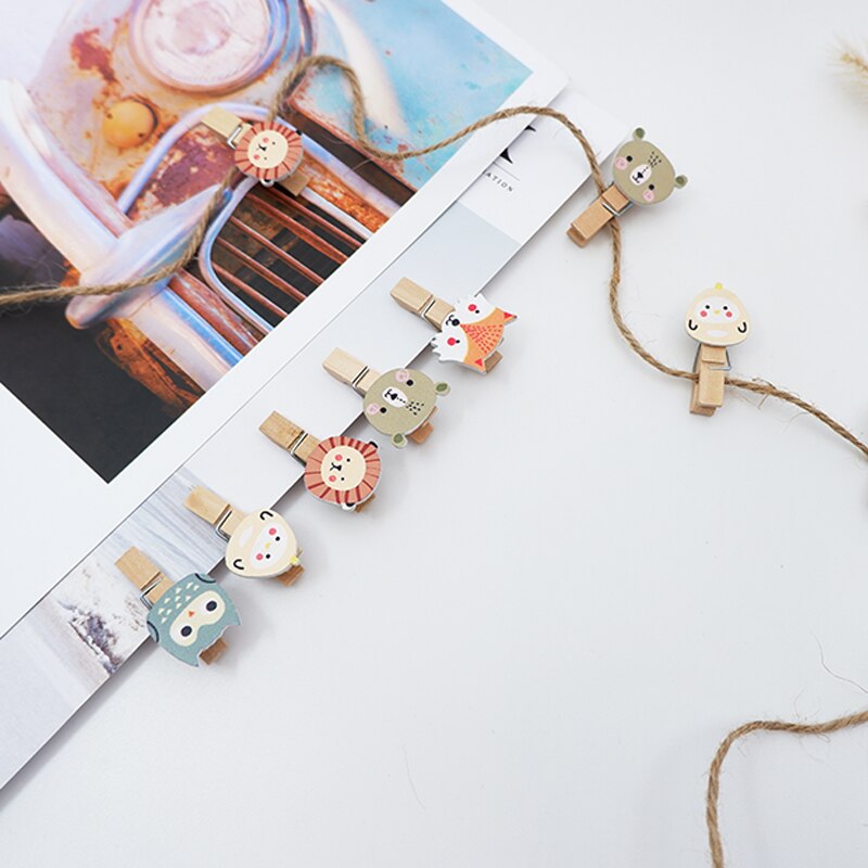 10 stuks/pak kawaii leeuw vos houten clip cartoon foto clips diy wasknijper knutsel decoratie clip met henneptouw
