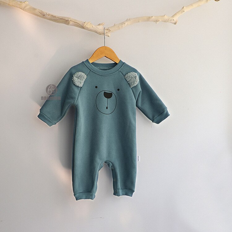 Cute Bear Ears Clothes For Newborns Autumn Winter Baby Boys Girls Long Sleeve Jumosuit Infant Kids Lovely Cotton Thick Rompers: blue  / 24M